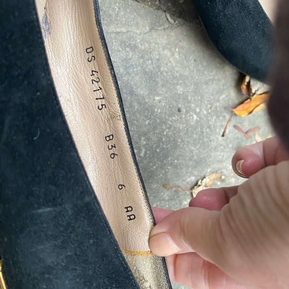 Black suede Salvatore Ferragamo shoes 6 AA—gently worn. Gold detail on heel. - Picture 3 of 6